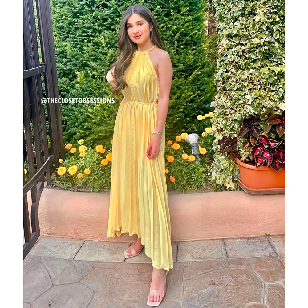 Mango NWT Butter Yellow Pleated Halter Midi Dress 8 - Picture 11 of 16